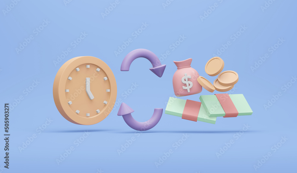 3D Rendering of transfer icon with money element and clock concept of financial transferring exchange on internet on background. 3D Render illustration cartoon style. 3D Rendering of transfer icon with money element and clock concept of financial transferring exchange on internet on background. 3D Render illustration cartoon style.