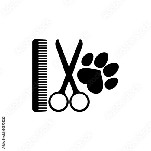 Dog grooming logo design template. Dog pawprint with comb and scissors. Vector clipart and drawing. Isolated illustration on white background.