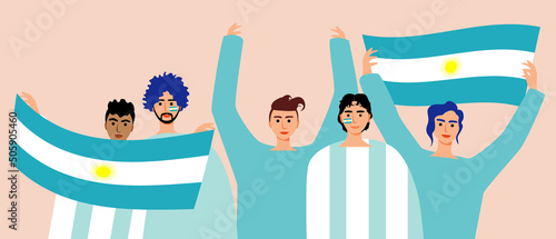 Football fans from Argentina, flat vector stock illustration with crowd of people with national flags as support group
