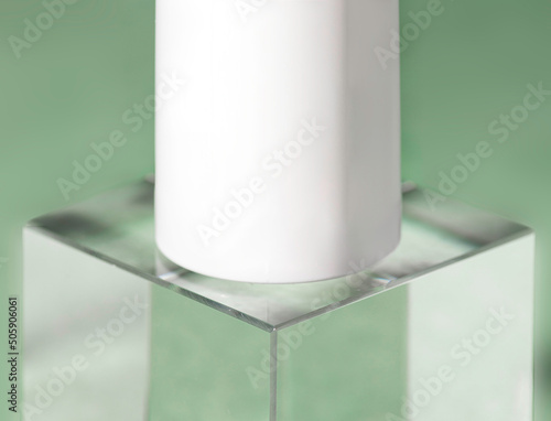 shampoo, Cream lotion cosmetics showcase presentation mockup. White creme cosmetic jar on acrylic geometric pedestal podium block