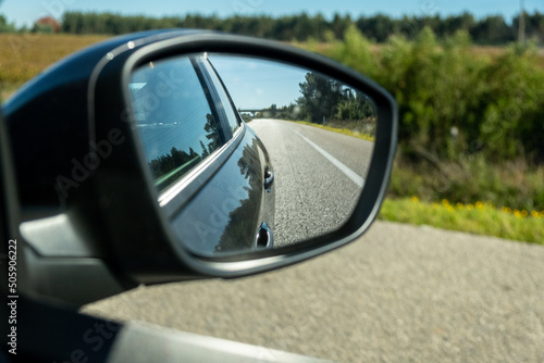Portugal highway A1 view at the car right side mirror. Portugal road landscape view on the car side mirror. 