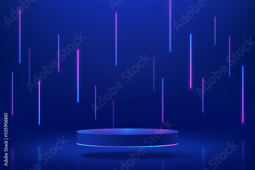 Abstract realistic blue 3d cylinder pedestal podium. Sci-fi dark abstract room with vertical glowing neon lighting lines. Vector rendering mockup product display. Futuristic scene, Stage for showcase.