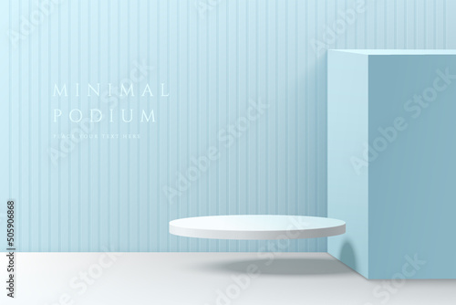 Abstract 3D blue room with realistic white cylinder pedestal podium floating on the air. Pastel minimal wall scene for mockup product display. Vector geometric forms. Stage for showcase. Vector EPS10.