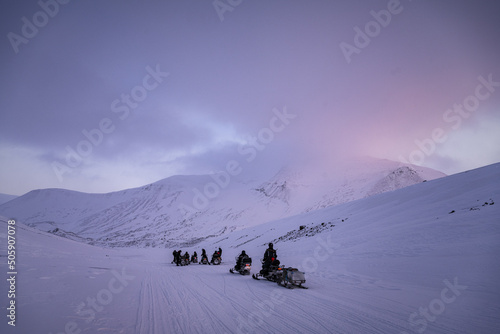 Snowmobile trip, Spitsbergen during winter time, Svalbard
