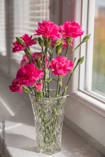 bunch of pink carnation flowers in vase on windowsill