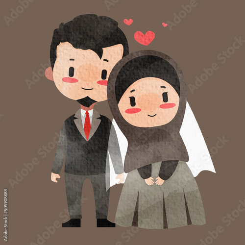 cute cartoon muslim couple wedding watercolor