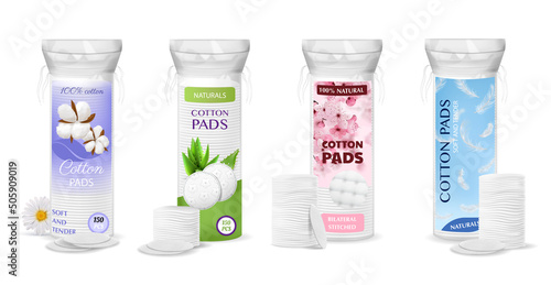 Realistic Cosmetic Cotton Pads Packaging Icon Set