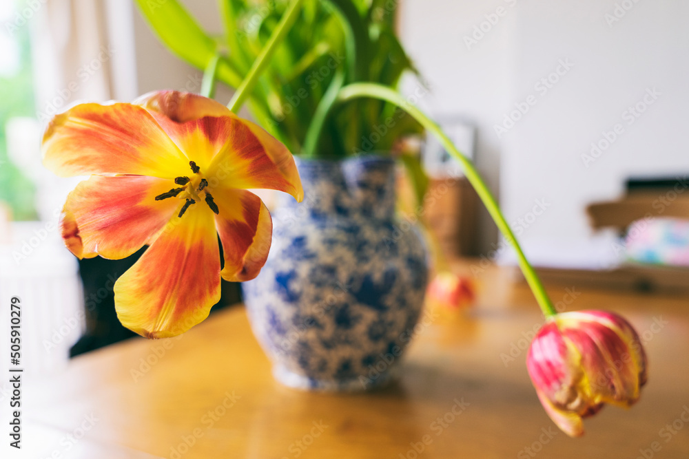 Niebieski wazon z tulipanami stoi na stole. - obrazy, fototapety, plakaty 