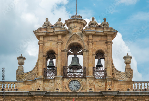 Campanas y reloj en la espadaña del ayuntamiento de Salamanca en la plaza mayor, España photo