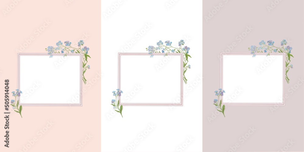 -3 square card and floral frame illustration- Pink frame card placed on the table with light blue florets for greetings, fashion, background, weeding. -3 square card and floral frame illustration- Pink frame card placed on the table with light blue florets for greetings, fashion, background, weeding.