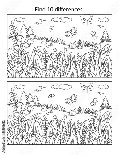 Summer find 10 differences picture puzzle and coloring page with grass, mushrooms, butterflies and wildflowers
