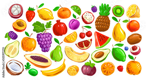 Fototapeta Naklejka Na Ścianę i Meble -  Set of colorful fruits and berries isolated on white background. Farm organic food vector illustration