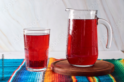 Rosell hibiscus juice or hibiscus water in mexico, fresh drink from mexico. photo