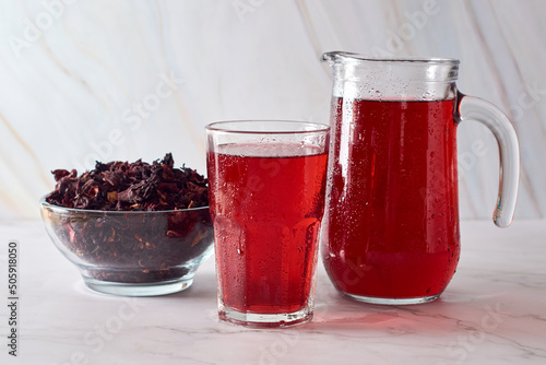 Fresh hibiscus or roselle water, or tea made with hibiscus flower. photo