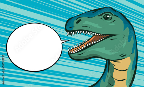 Portrait illustration of raptor head. Talking bubble. Predatory dinosaur of the Jurassic period. Strong hunter raptor. Prehistoric pangolin. Cartoon vector illustration hand drawn. Pop art comic style