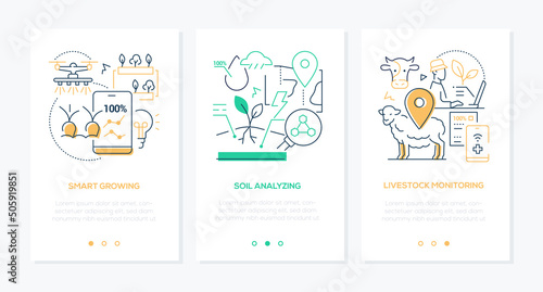 Smart farm and cattle breeding - line design style banners set