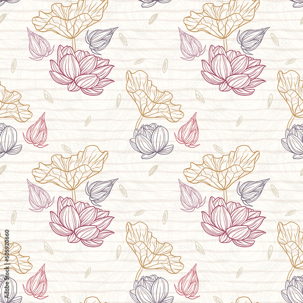 Seamless pattern with water lily and leaves, textured background for your design projects, textile, wrapping, wallpaper, web