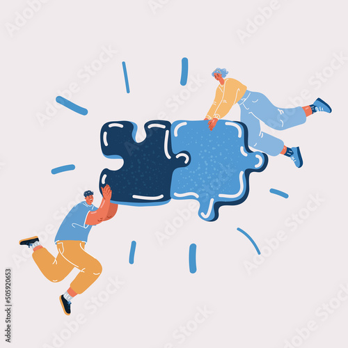 Vector illustration of People fly around jigsaw puzzle. Cooperation, Teamwork and partnership concept.