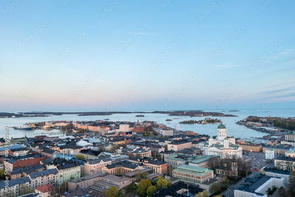 Aerial sunset view of beautiful city Helsinki, Finland