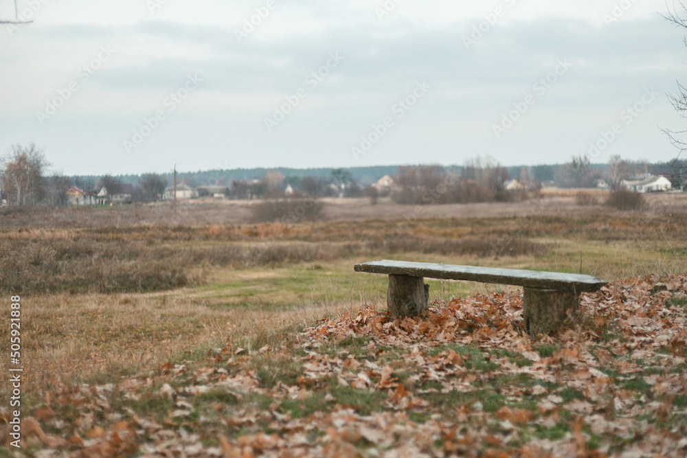 lonely wooden bench against the autumn countryside view. Fallen orange leaves on the ground