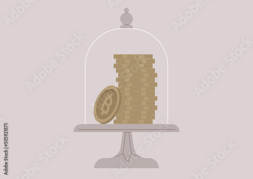 A stack of golden bitcoins stored under the glass dome, a hodl strategy