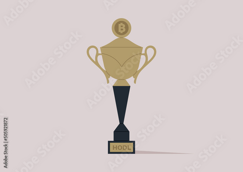 A golden goblet with a bitcoin symbol and a HODL sign engraved on it, successful investment strategies