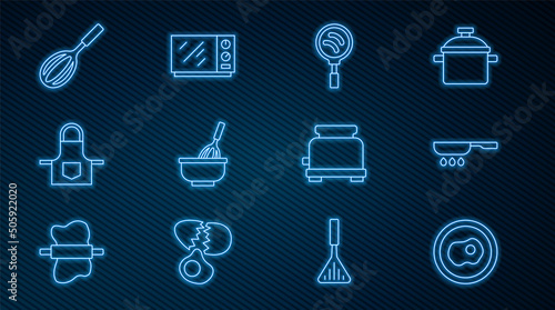 Set line Scrambled eggs, Frying pan, Kitchen whisk with bowl, apron, Toaster and Microwave oven icon. Vector