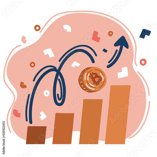 Vector illustration of Cryptocurrency. Bitcoin BTC price increase, crypto volatility price spike and pick up. Stock market high profit. Crypto uptrend in market.