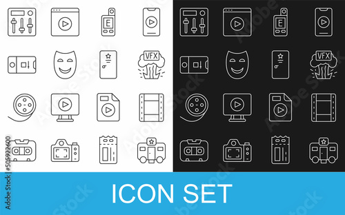 Set line Actor trailer, Play Video, VFX, Light meter, Comedy theatrical mask, Photo and video shooting, Sound mixer controller and Backstage icon. Vector