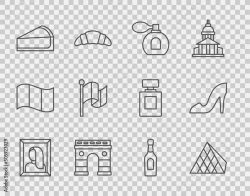 Set line Portrait picture in museum, Louvre glass pyramid, Perfume, Triumphal Arch, Cherry cheesecake slice, Flag France, Champagne bottle and Woman shoe icon. Vector