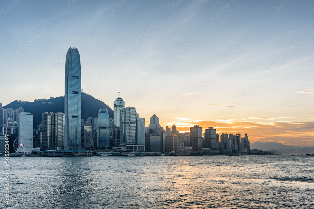 View of Hong Kong Island skyline at sunset - obrazy, fototapety, plakaty 