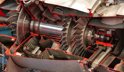 Detail view from the inside of a military airplane turbojet and turboshaft motor propelling system. Military and army industry. photo