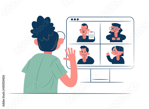Online video meeting call. Distant work via a web camera. Remote communication. Online education. Web seminar. Corporate video call.