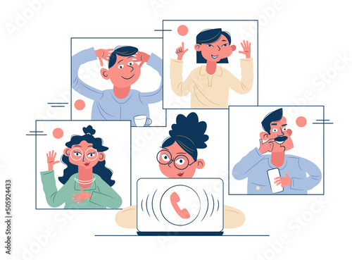 Online video meeting call. Distant work via a web camera. Remote communication. Online education. Web seminar. Corporate video call.