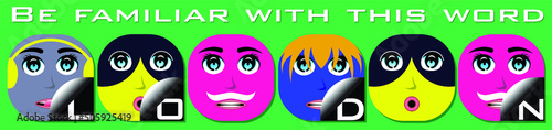 Six characters of grey pink blue yellow avatar with  letter L,O,N,D and words : be familiar with this word. Alphabetical cartoon faces with a letter L,O,N,D