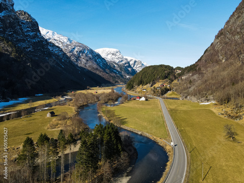 scenic roads in Norway with a mountains, lake and snow