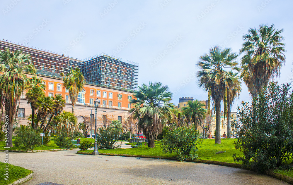 View of Palazzo Reale from park in Naples, Italy