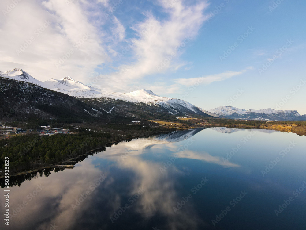 reflections of snowy mountains in the lake in Norway - beautiful landscape with lake and mountains