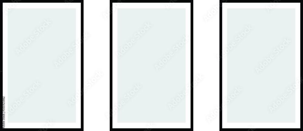 Set of three vertical black frames on white wall. Set of three black portrait picture frame mockups on white wall. Set of three vertical black frames on white wall. Set of three black portrait picture frame mockups on white wall.