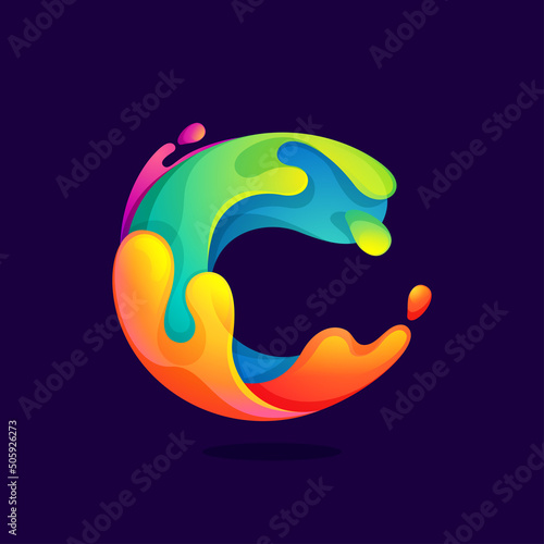 C letter logo with juice splash, waves, and drops. Multicolor icon with glow and gradients.