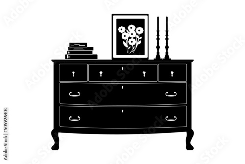 Wooden commode with drawers, candlestick, book and picture isolated on white background. Bedroom interior element. Chest of drawers icon. Furniture for living room design. Stock vector illustration