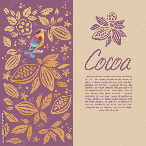 Cocoa Beans and Nut. chocolate ornament. Cocoa bean, leaves and nut. Natural, organic decorative decor. Chocolate bar label design. Textile, fabric print in monochromatic texture.