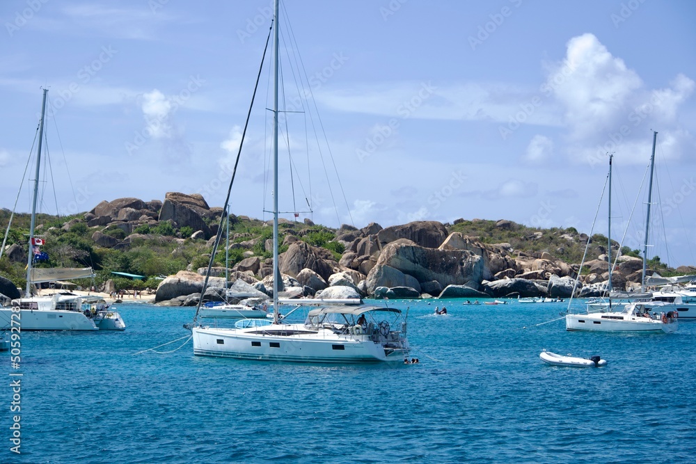 Sailing Catamarans moored at The Baths on Virgin Gorda, British Virgin Islands