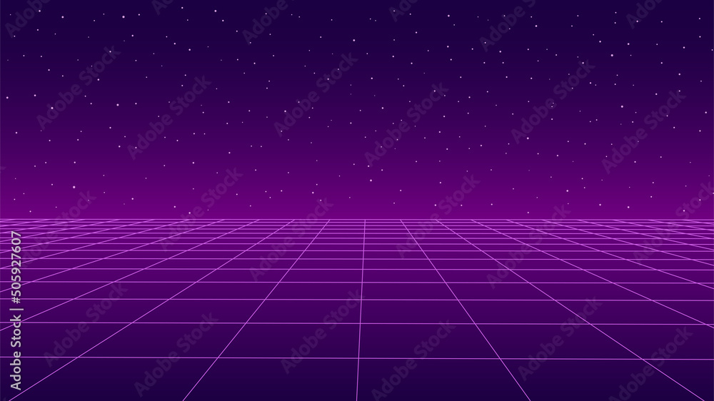 Technology background perspective retro grid. Futuristic cyber surface 80s - 90s styled. Vector pink mesh on colorful background. Digital space wireframe landscape. - obrazy, fototapety, plakaty 