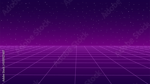 Technology background perspective retro grid. Futuristic cyber surface 80s - 90s styled. Vector pink mesh on colorful background. Digital space wireframe landscape.