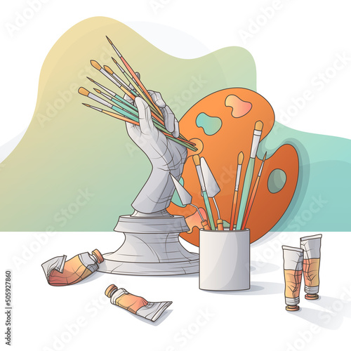 Vector illustration of still life with sculpture, paint brushes, palette, paint tube. Hand- drawn illustration for design of art shop, book, cover. 