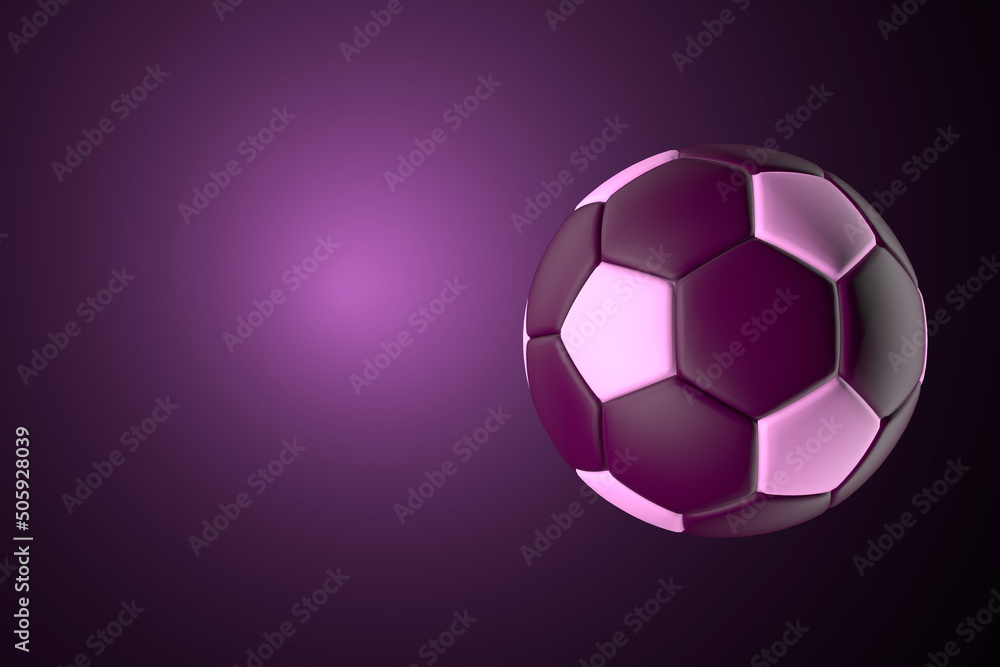 3D Soccer ball on a black background in purple light