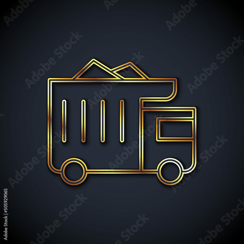 Gold line Large industrial mining dump truck icon isolated on black background. Big car. Vector