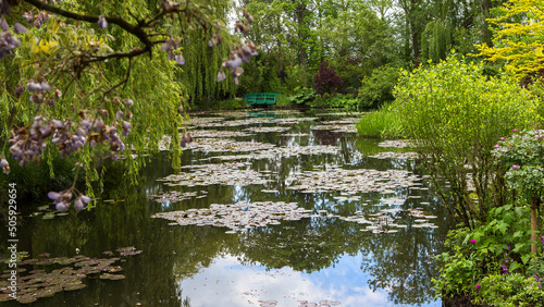 Obraz na plátně Pond, trees, and waterlilies in a french garden