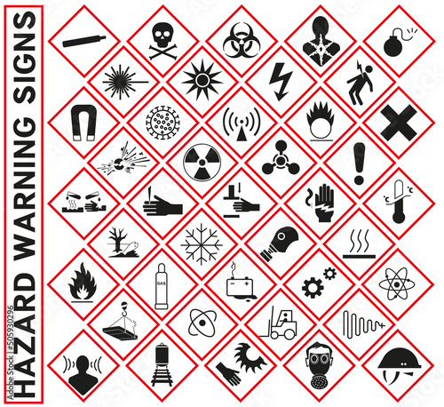 Hazard warning symbol icons Ghs safety pictograms. photo